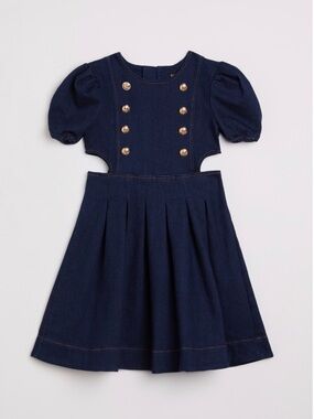 NWT Bardot Junior Pleated Denim Mini Dress Puff Sleeve Gold Button Cutout